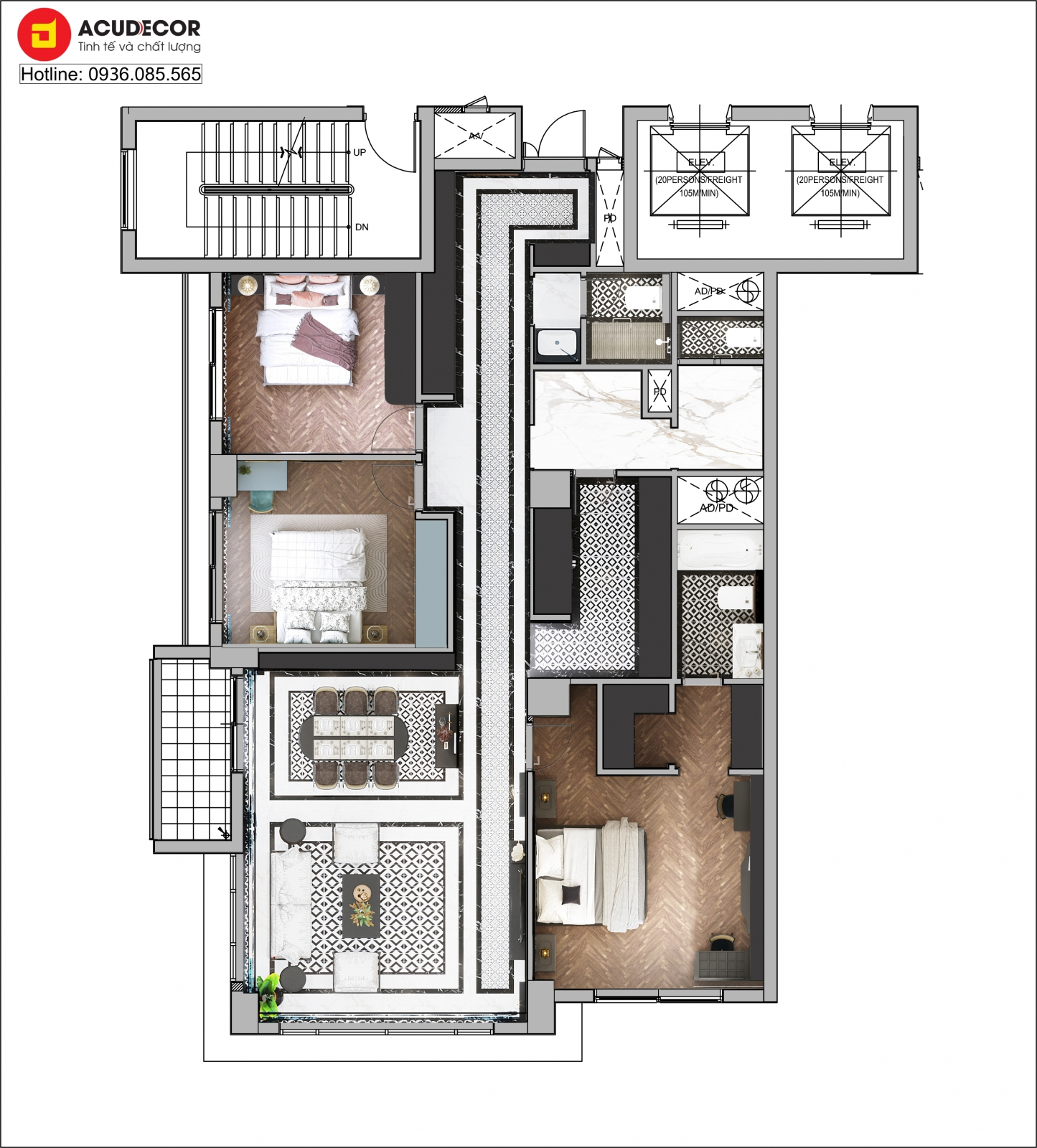 mặt bằng căn hộ 150m2 phong cách indochine