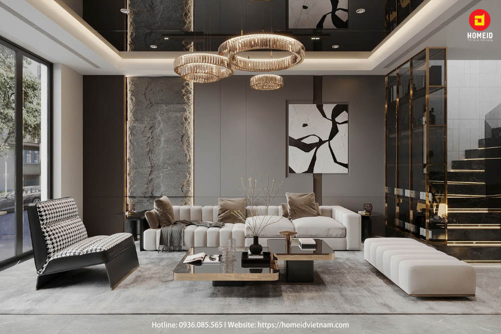 Hình 2: Mảng tường đá tự nhiên nguyên khối kết hợp hệ tủ trang trí âm tường và lò sưởi.